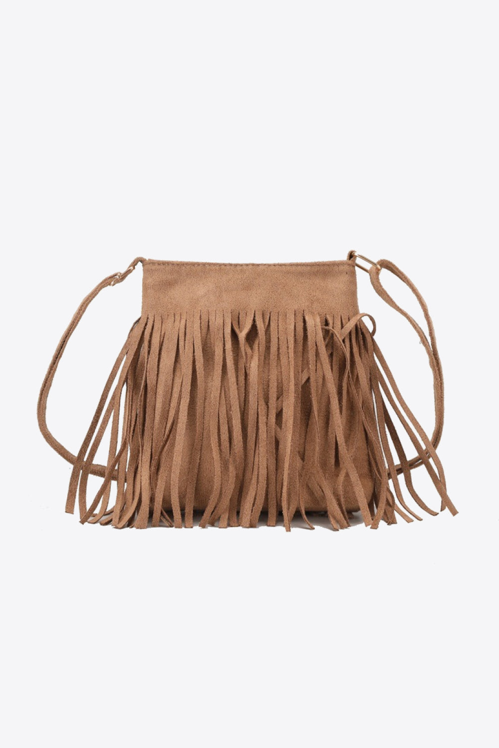 Caramel suede crossbody bag with fringe detail and adjustable strap