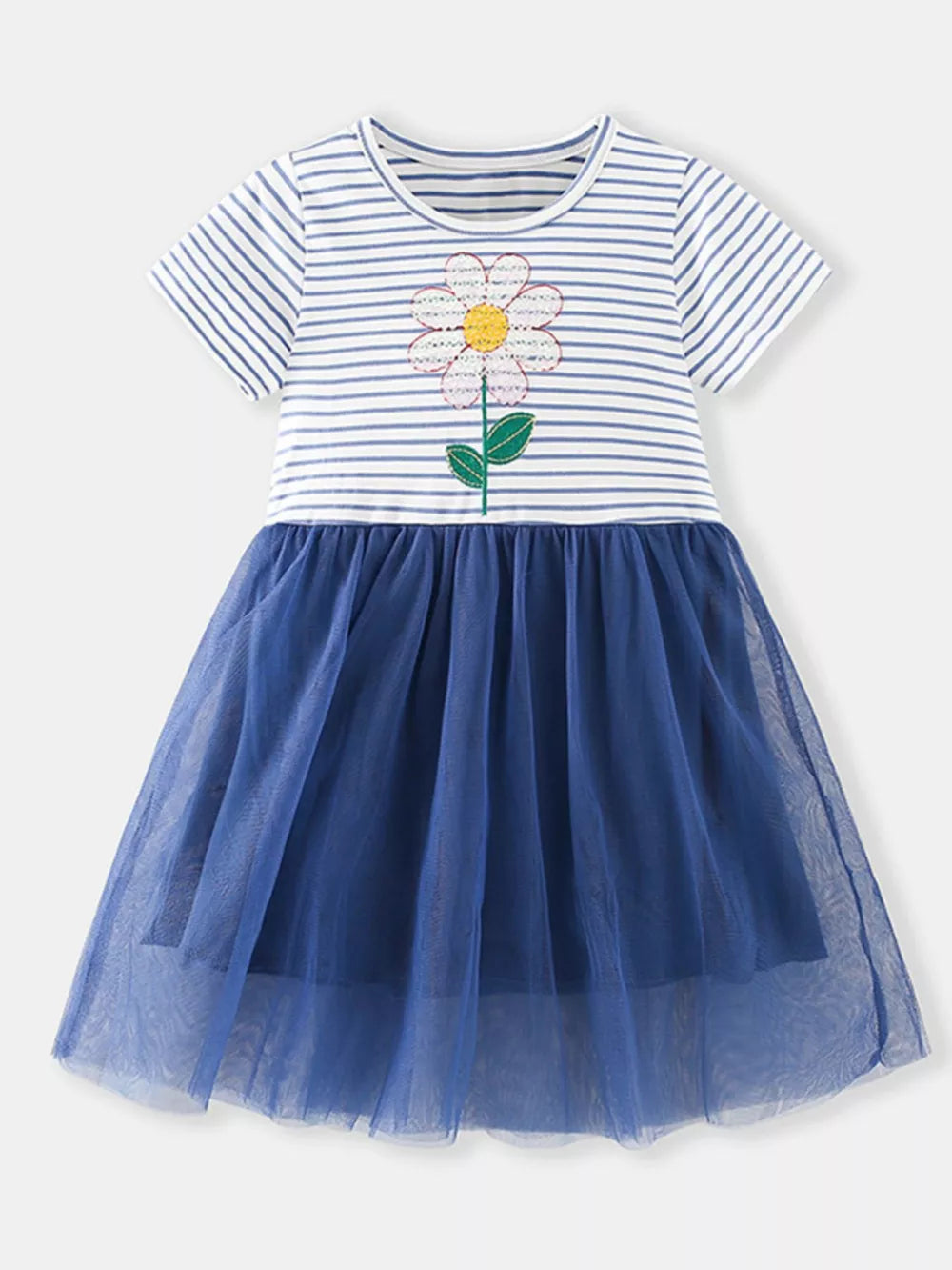 Baby blue striped dress with embroidered flower and tulle skirt