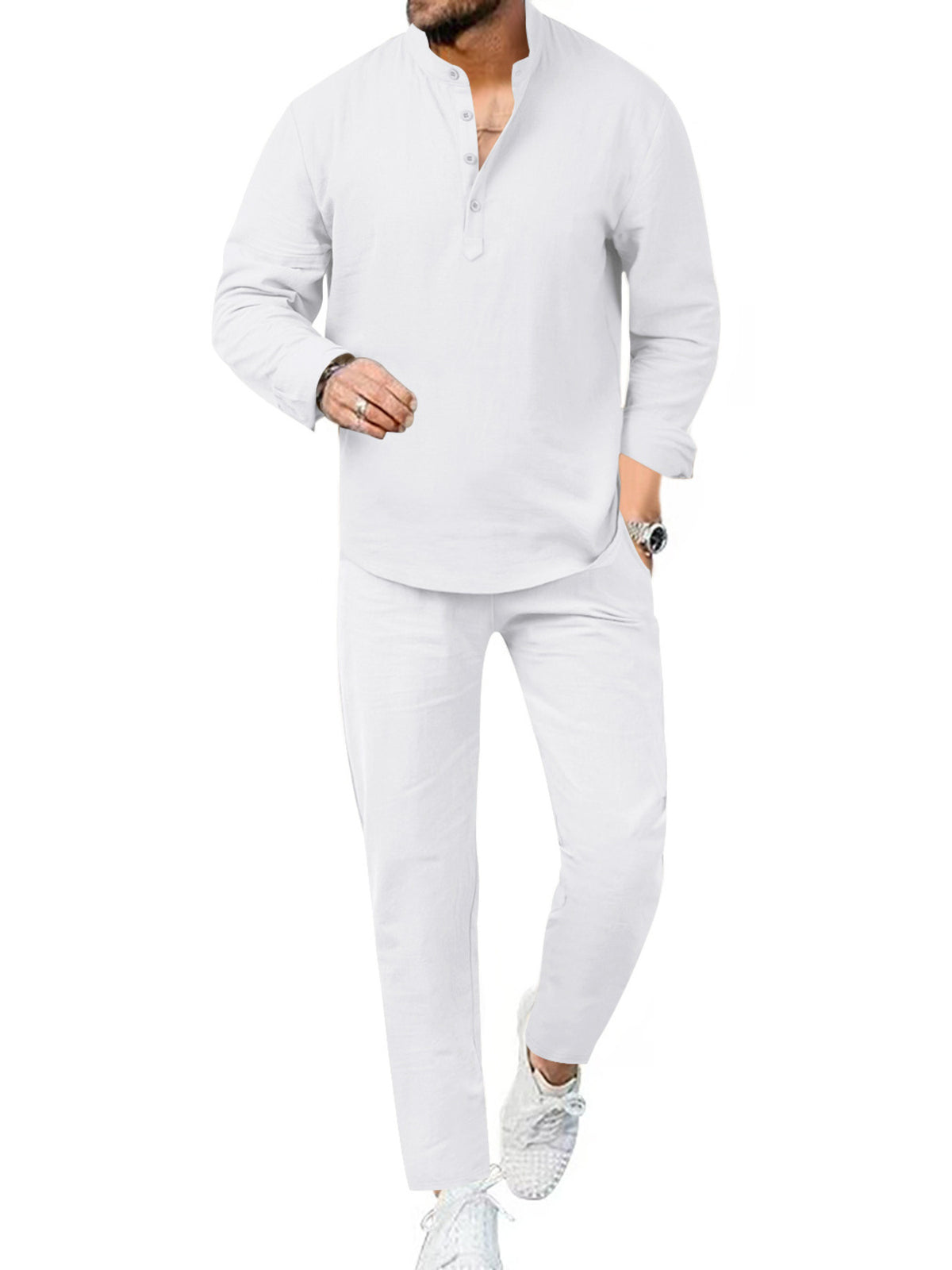 White linen henley shirt and pants set with button detail and long sleeves.