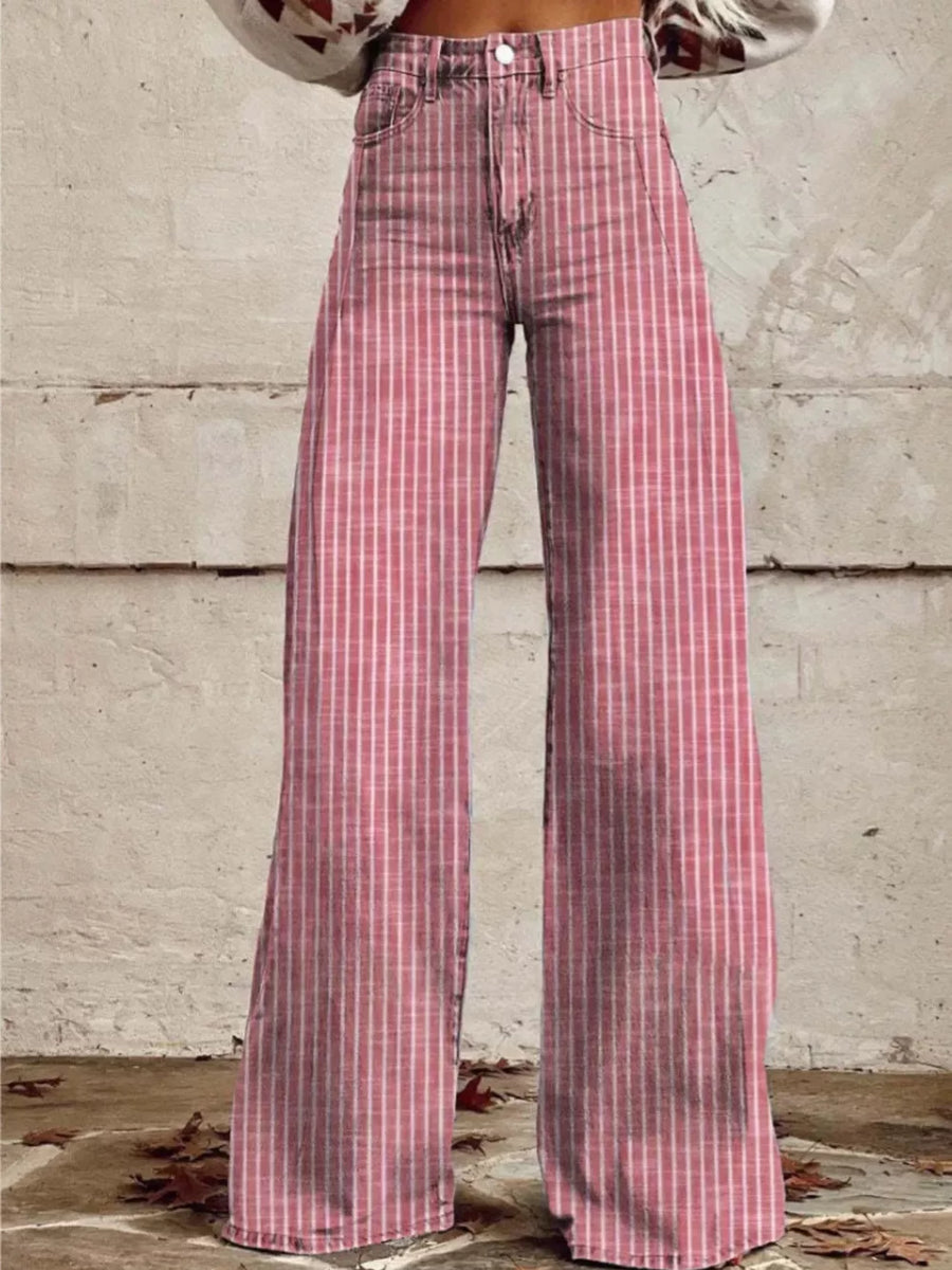 Pink striped high-waisted wide-leg denim jeans with pockets