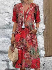 Tan midi dress with plus-size and elbow sleeve