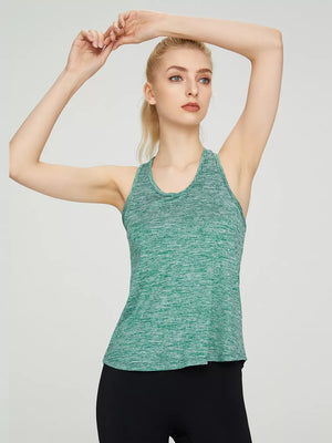 Green heathered athletic tank top with scoop neck and racerback