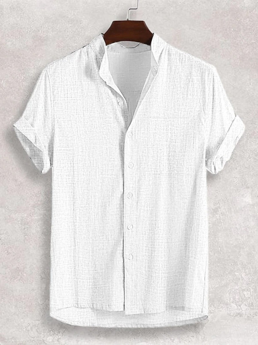 White textured band collar casual shirt with short sleeves and button front.