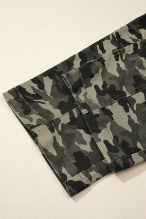 Women's camo print cotton jeans with cargo pockets detail.