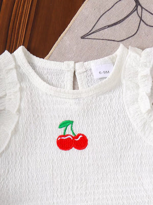 Children's Cherry Embroidered Top And Denim Shorts Set in White