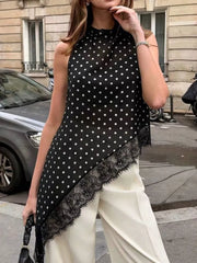 Brown Polka Dot Lace Trim Asymmetrical Hem Sleeveless Blouse