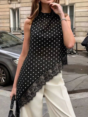 Brown Polka Dot Lace Trim Asymmetrical Hem Sleeveless Blouse
