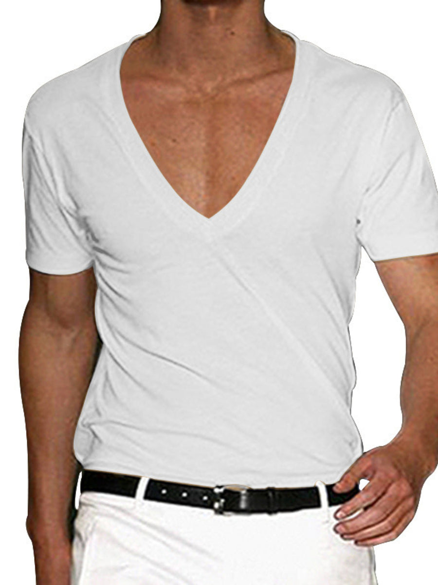 White cotton blend slim fit tee with deep V-neck and short sleeves.