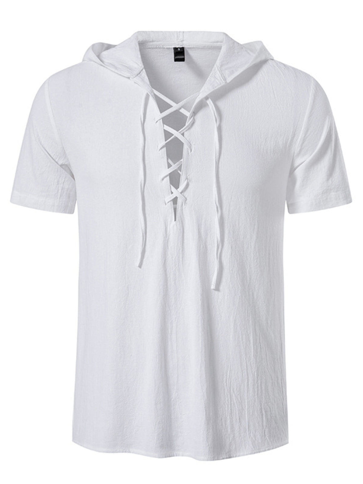 Men's white short sleeve lace-up hooded top