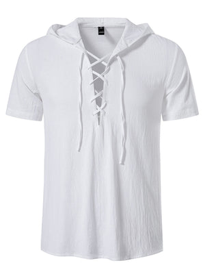 Men's white short sleeve lace-up hooded top