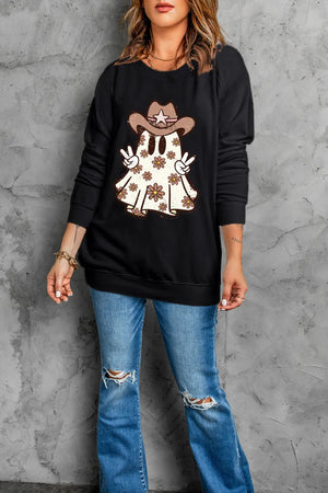 Black crewneck sweatshirt with a cowboy ghost graphic and floral pattern.