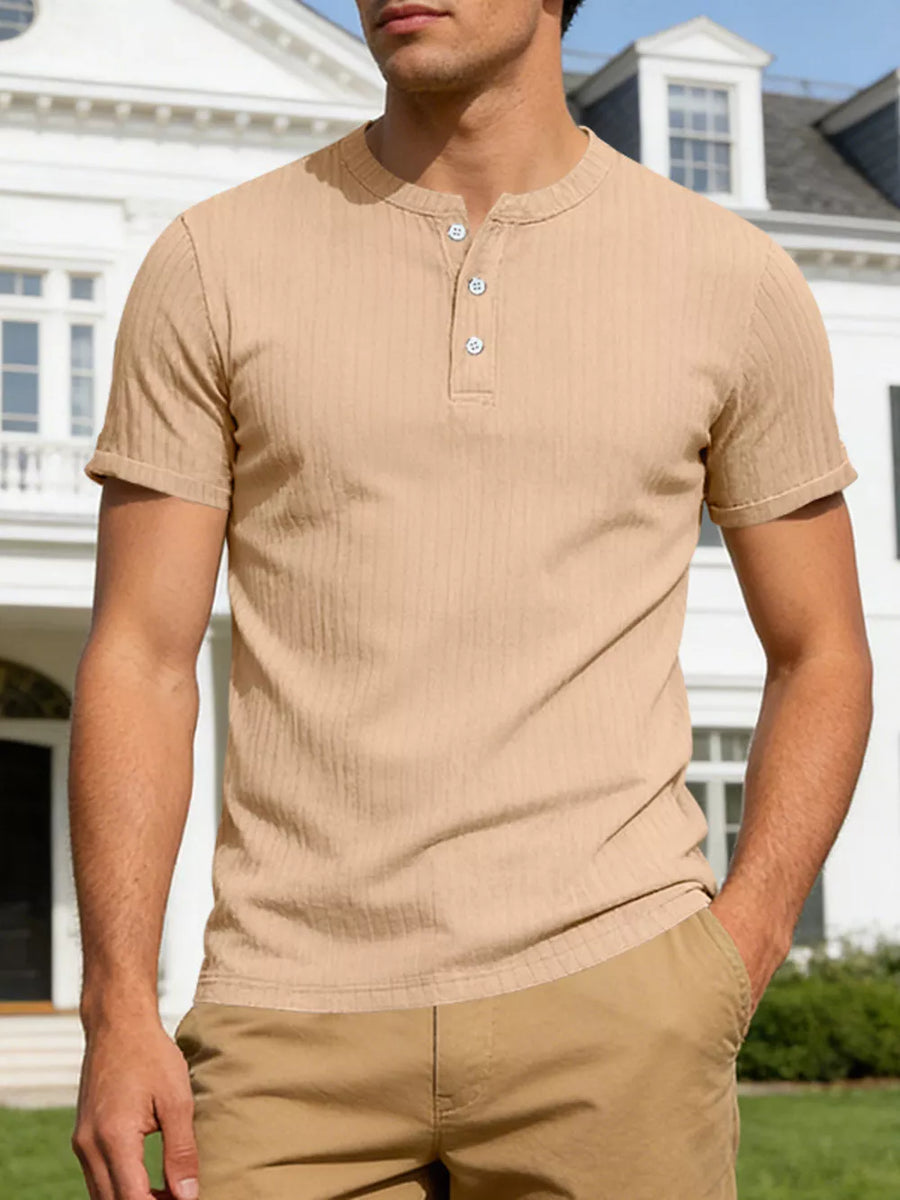 Khaki ribbed henley t-shirt with button placket and short sleeves.