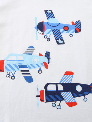 Toddler set with a black, blue, and red airplane print on white fabric.
