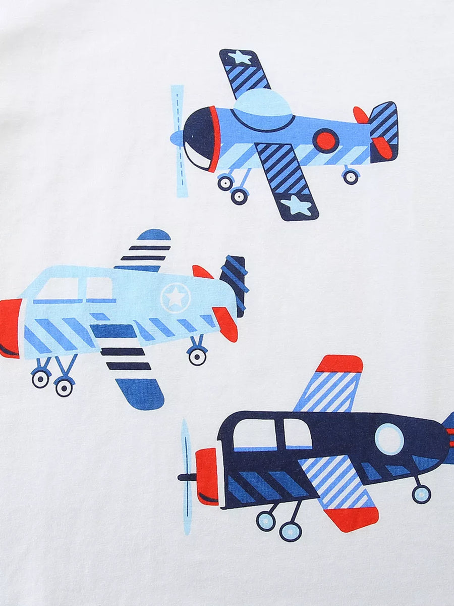 Toddler set with a black, blue, and red airplane print on white fabric.
