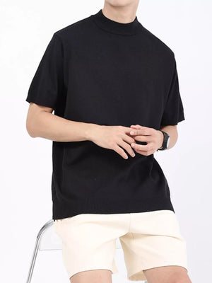 Men's black short sleeve mock neck knitted t-shirt with ribbed hem.