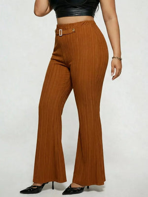 Caramel ribbed high-waist flare maternity trousers with buckle detail.