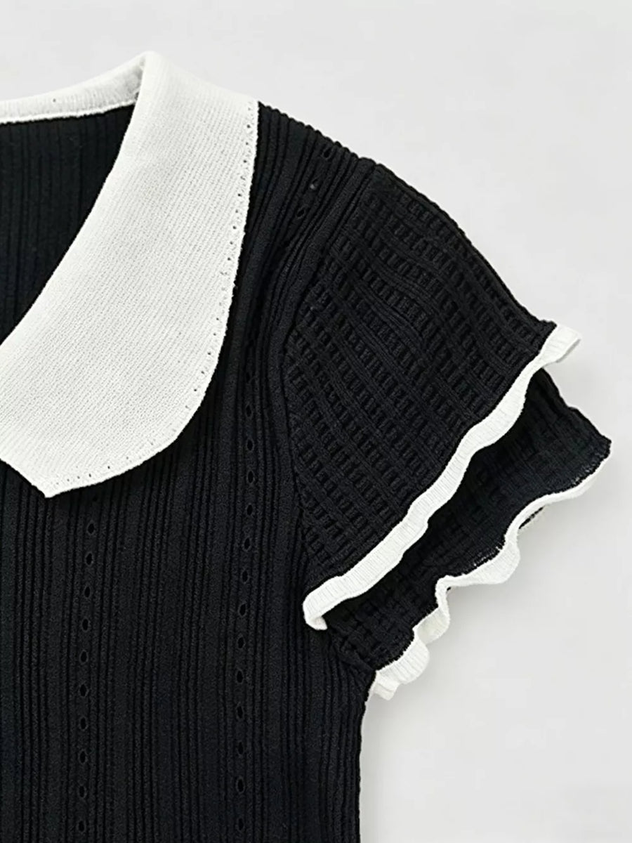 Black maternity t-shirt with white frill collar and ruffled sleeves