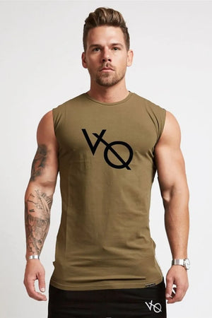 Olive graphic muscle tank top with black VQ logo, sleeveless, crew neck.