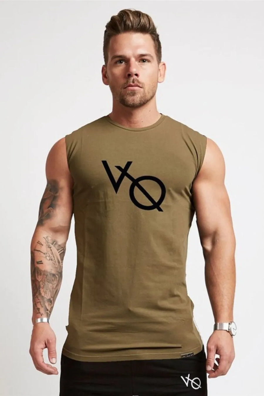 Olive graphic muscle tank top with black VQ logo, sleeveless, crew neck.
