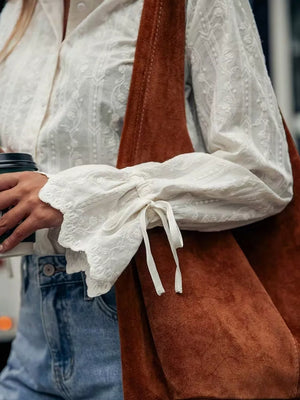 White with Embroidered Flounce Sleeve Shirt in White