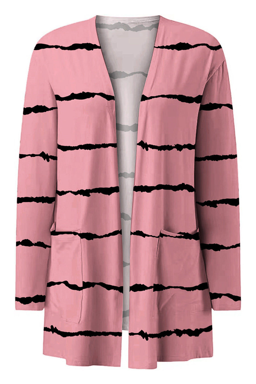 Carnation pink open-front duster cardigan with black stripe pattern and pockets.