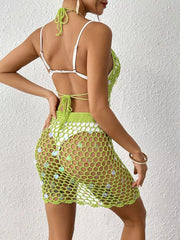 Lime crochet cover up set with iridescent sequins and drawstring details.