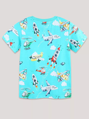 Blue cotton t-shirt with a playful aviation print featuring planes, rockets, and helicopters.