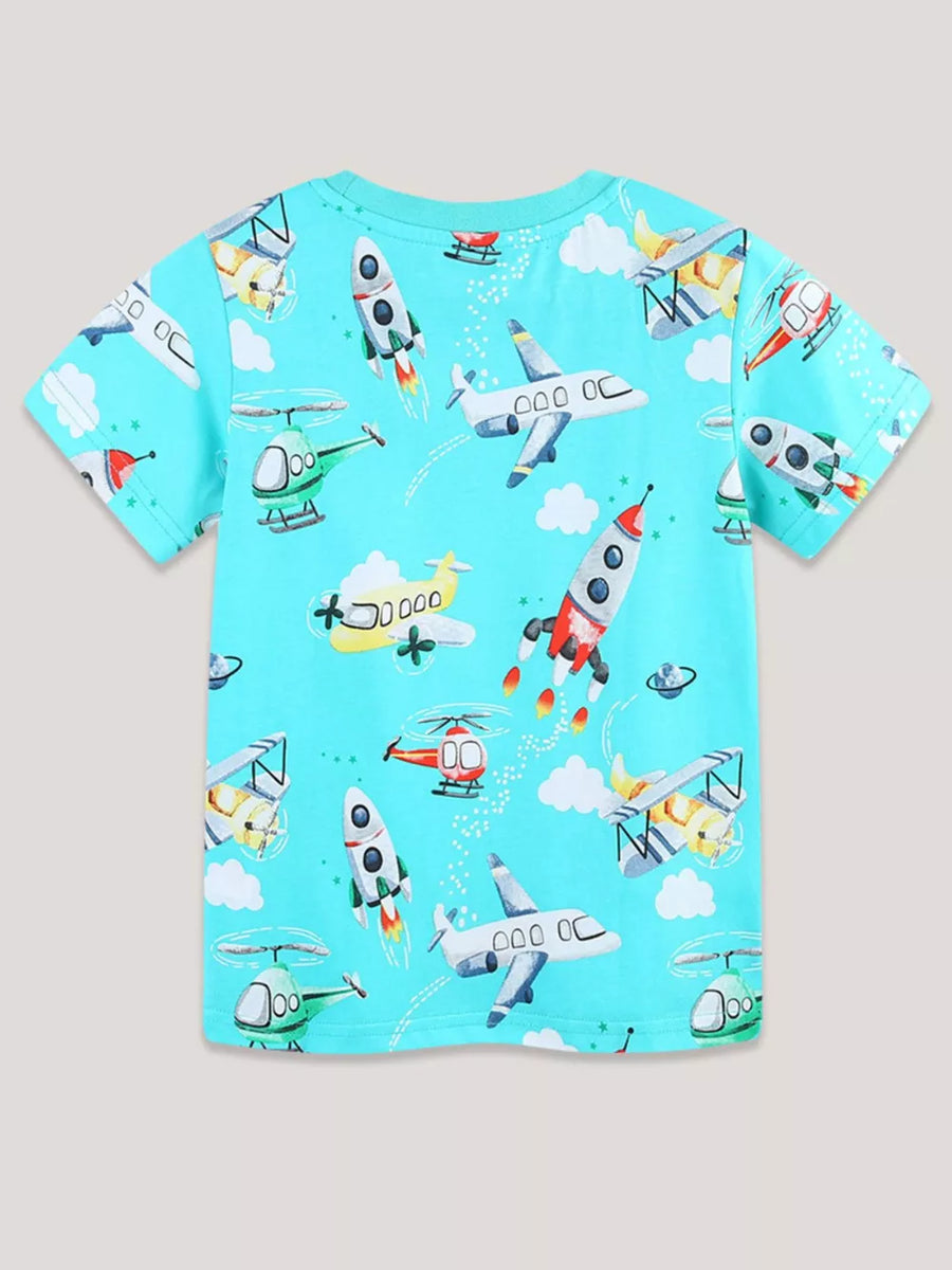 Blue cotton t-shirt with a playful aviation print featuring planes, rockets, and helicopters.