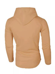 Khaki casual slim fit long-sleeve hoodie with drawstring and hood.