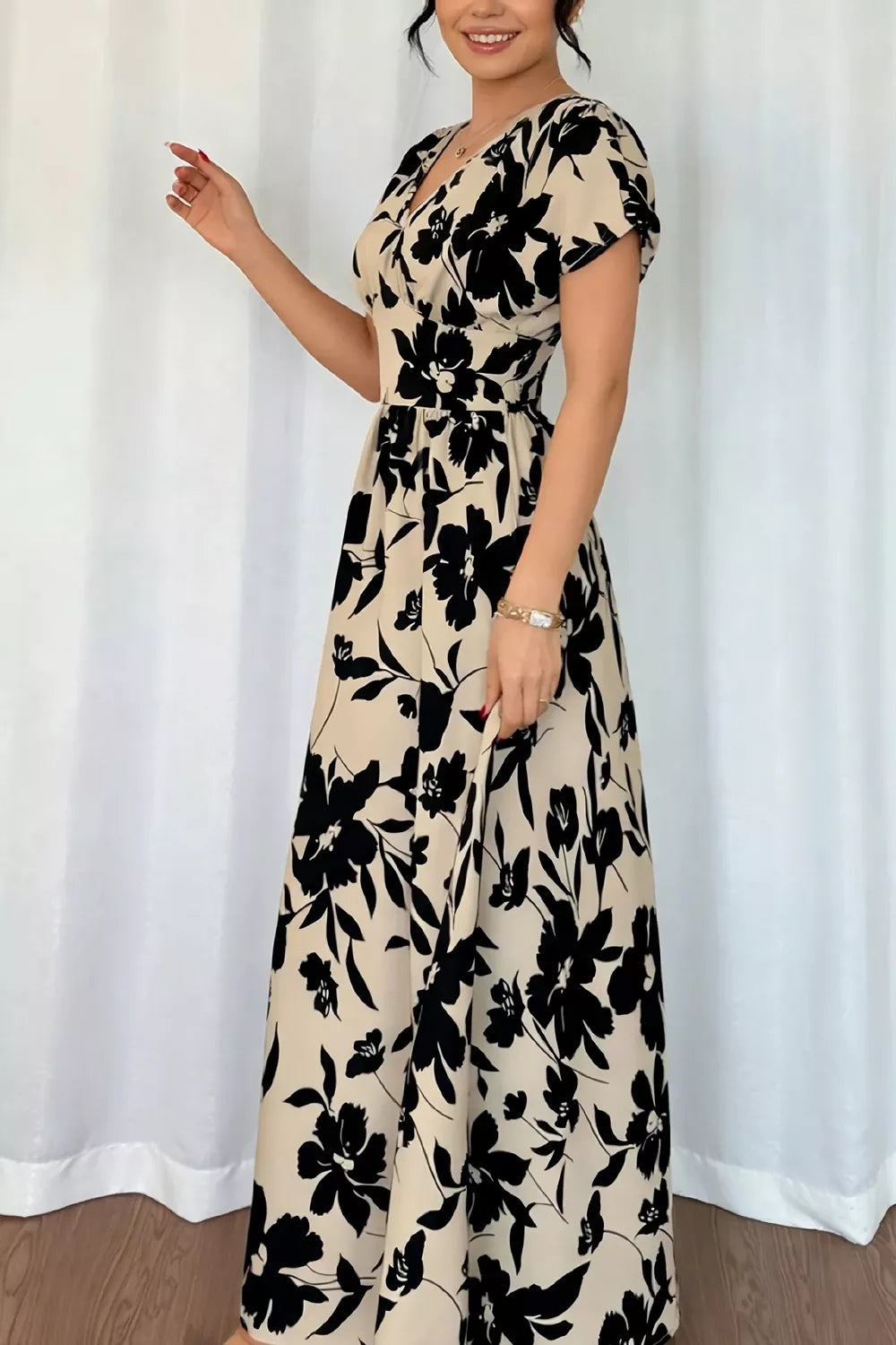 beige A-line dress featuring stretch and floral
