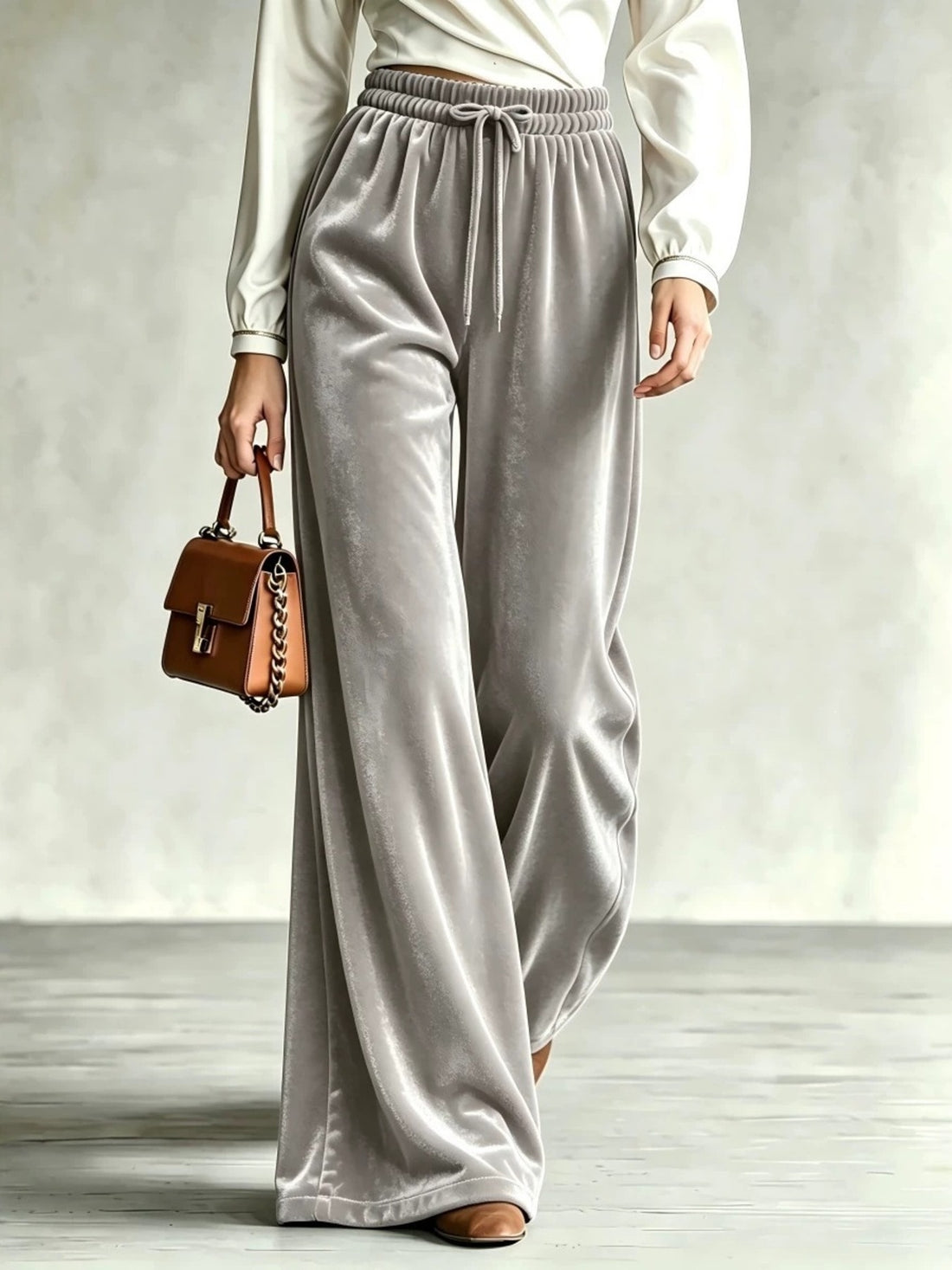 wide-leg pants in White with drawstring waist and full-length