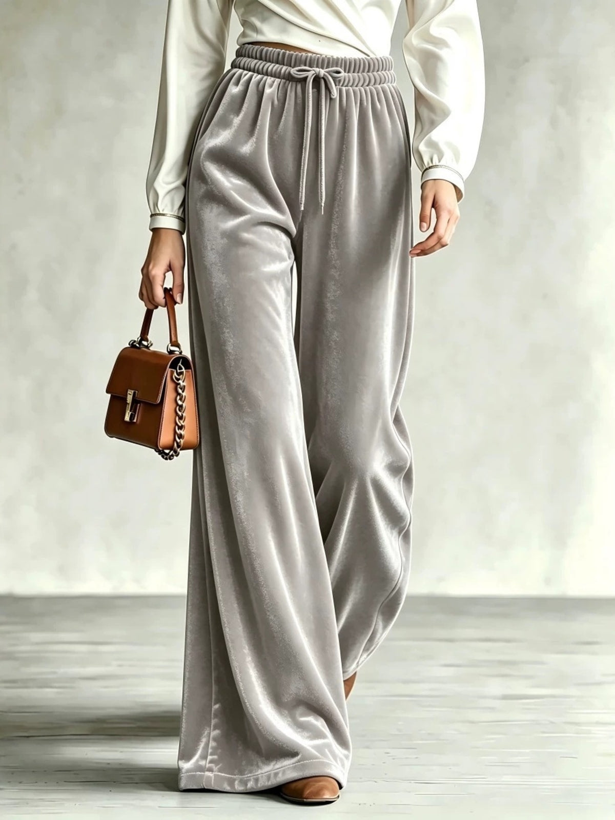 wide-leg pants in White with drawstring waist and full-length