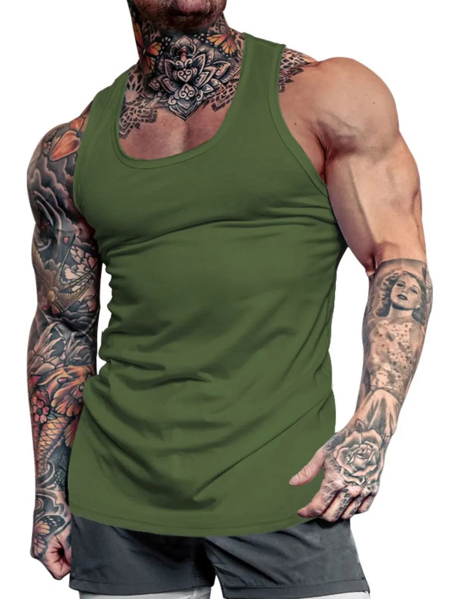 Moss green scoop neck performance fit tank top with a racerback style.