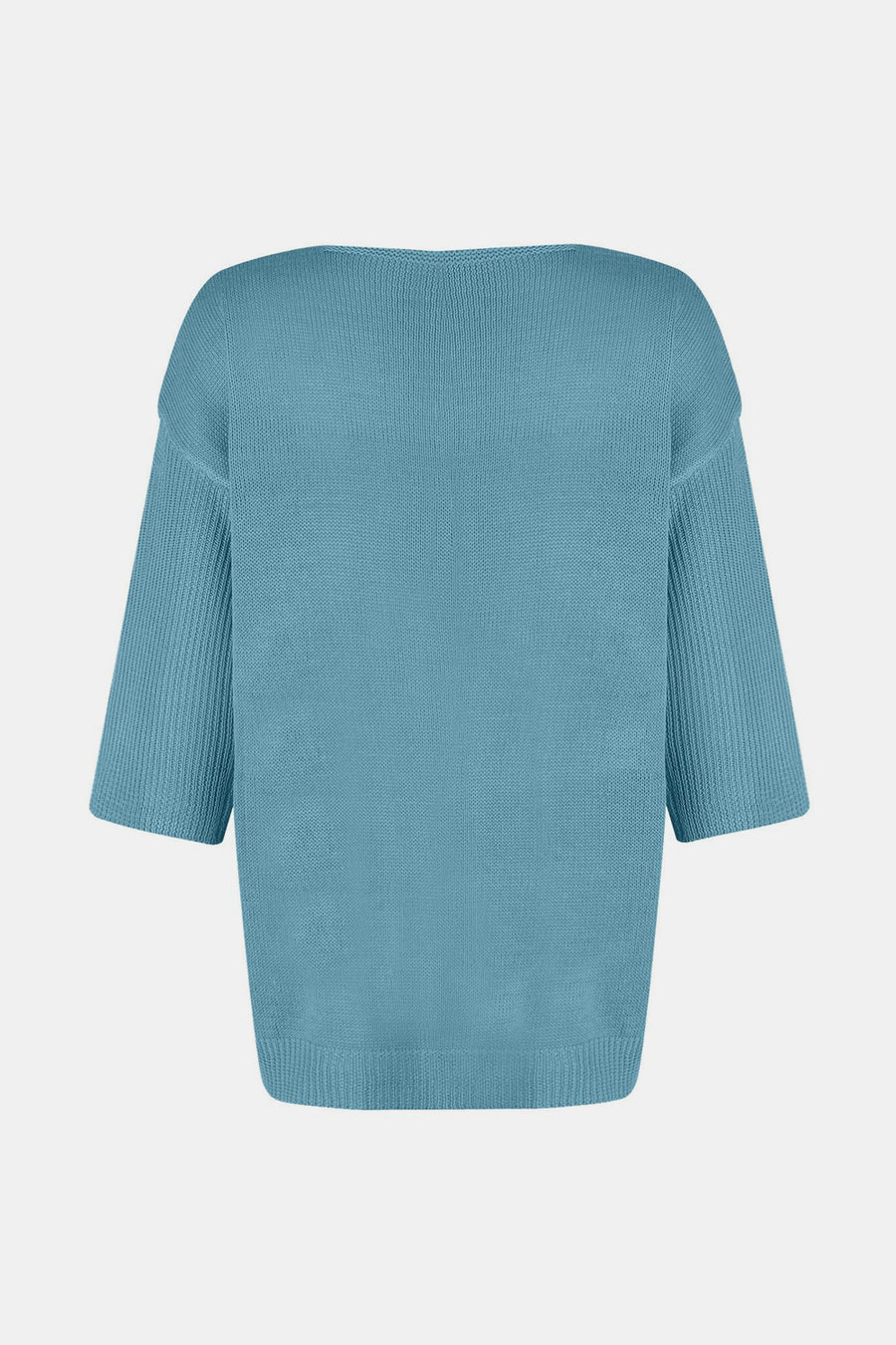 Pastel Blue V-neck knit sweater with flared sleeves and ribbed cuffs.