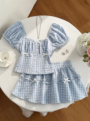 Plaid Puff Sleeve Blouse And Skirt Set option 5