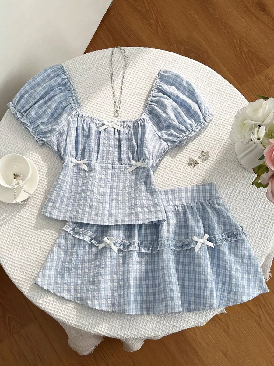 Plaid Puff Sleeve Blouse And Skirt Set option 5
