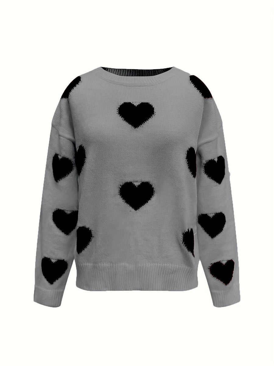 Gray oversized knit crewneck sweater with black heart pattern and drop sleeves