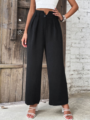 Black textured wide-leg tailored trousers with a high waist and button closure.
