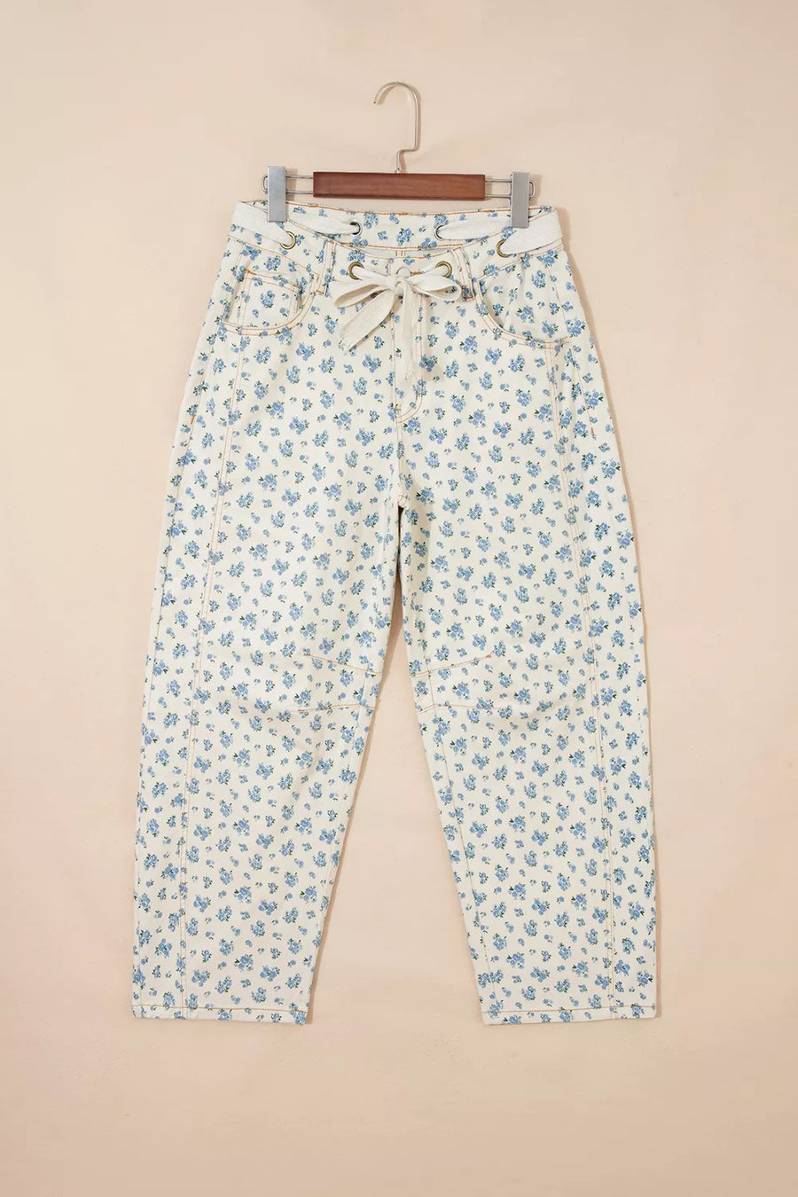 Grommet Knot Waist Floral Barrel Leg Jeans option 3