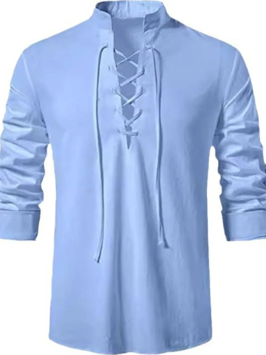 Light blue linen shirt with mandarin collar and lace-up detail