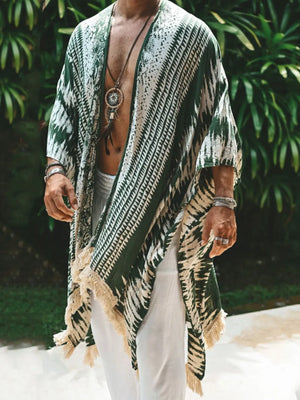 Army green geometric print kimono with fringe trim and open front