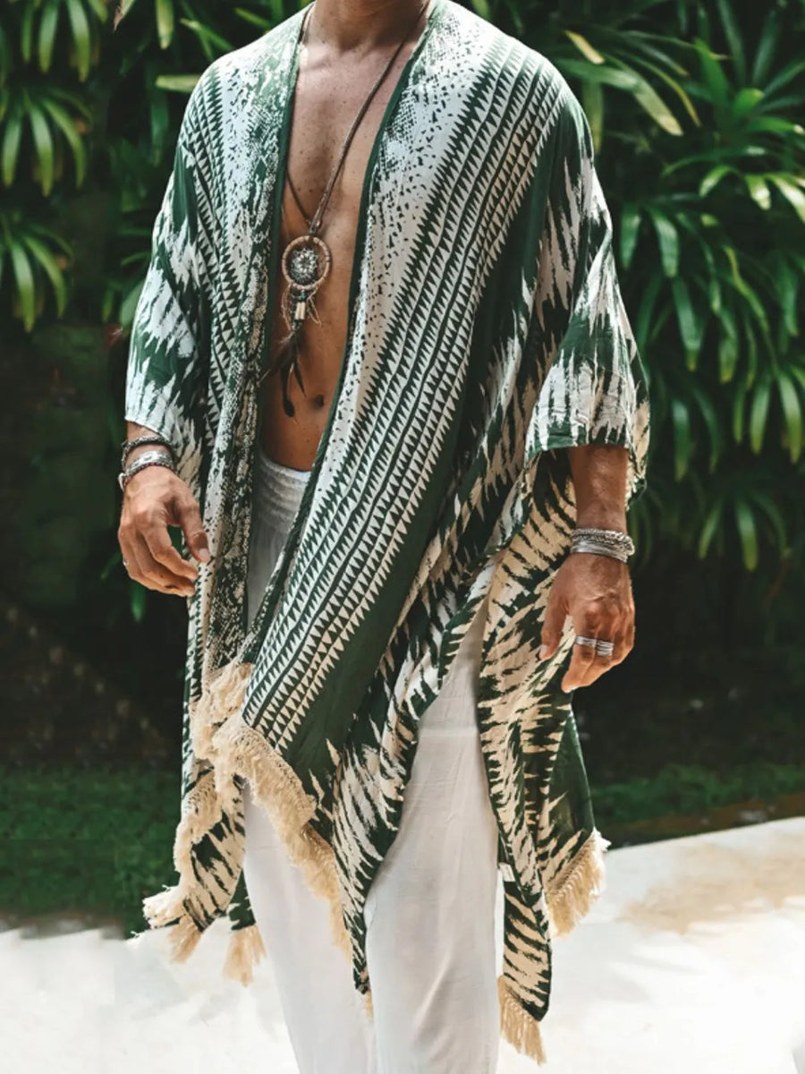 Army green geometric print kimono with fringe trim and open front