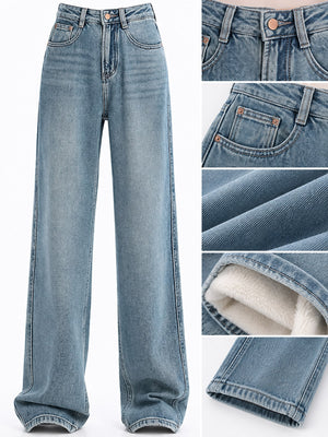 wide-leg jeans in Light Blue-Fleece-lined Thickened with washed and full-length