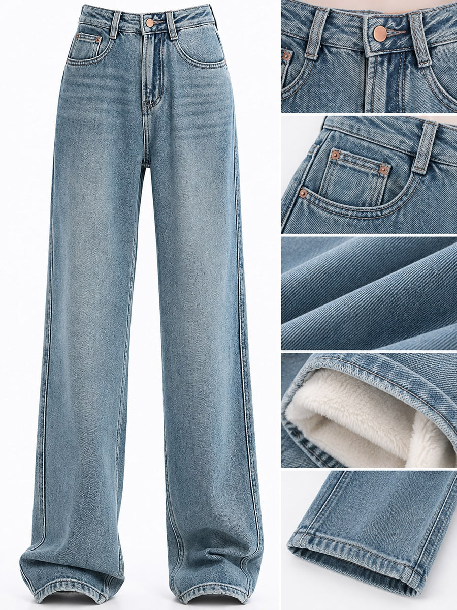 wide-leg jeans in Light Blue-Fleece-lined Thickened with washed and full-length