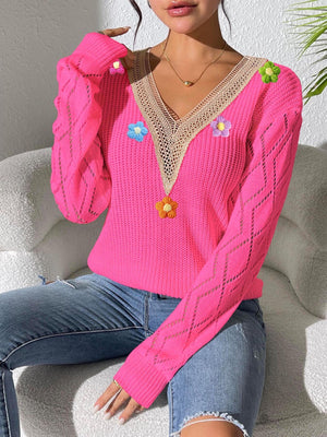 pullover sweater in Rose Red with v-neck and long sleeve