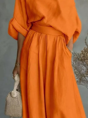 One Shoulder Top And Wide Leg Pants Set Plus Size in White with pocketed