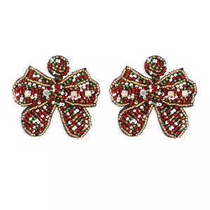 earrings in green with geometric and beaded
