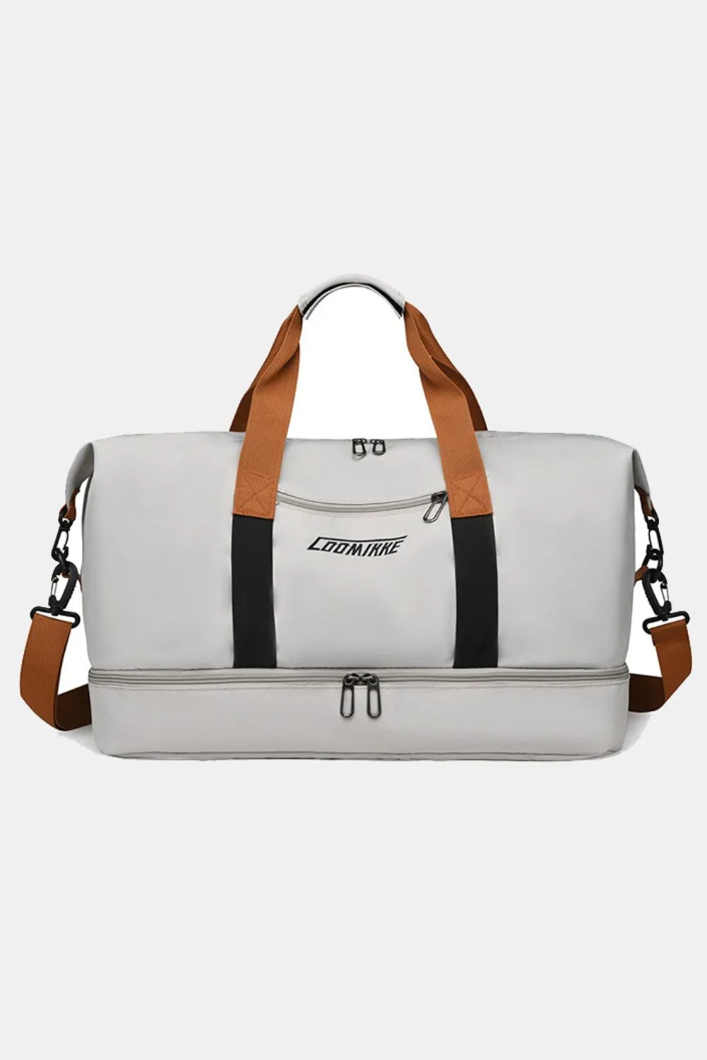 Light Gray duffel bag with dual handles, adjustable strap, and two zippered compartments.