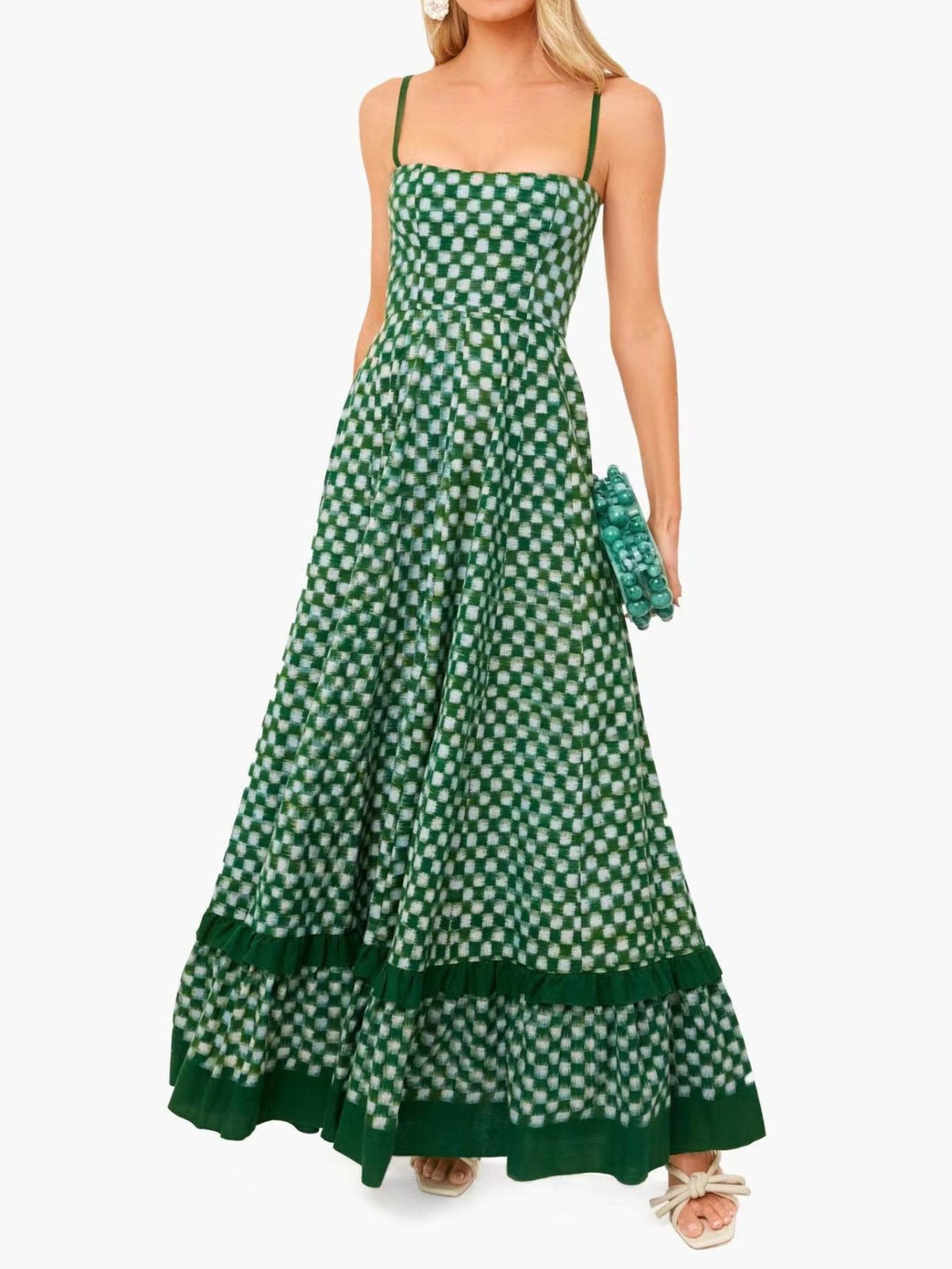 Green checkered maxi dress with spaghetti straps and tiered ruffled hem