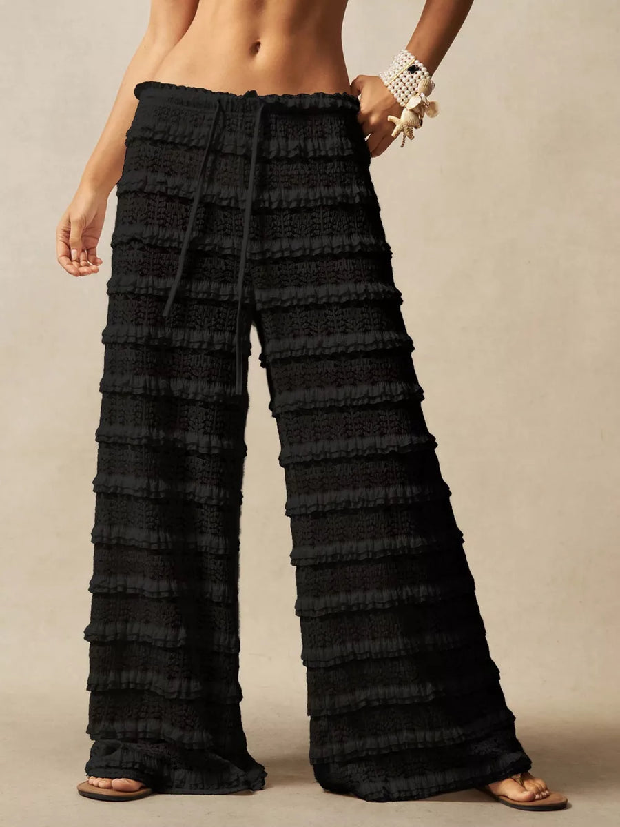 Black tiered ruffle wide-leg pants with drawstring waist